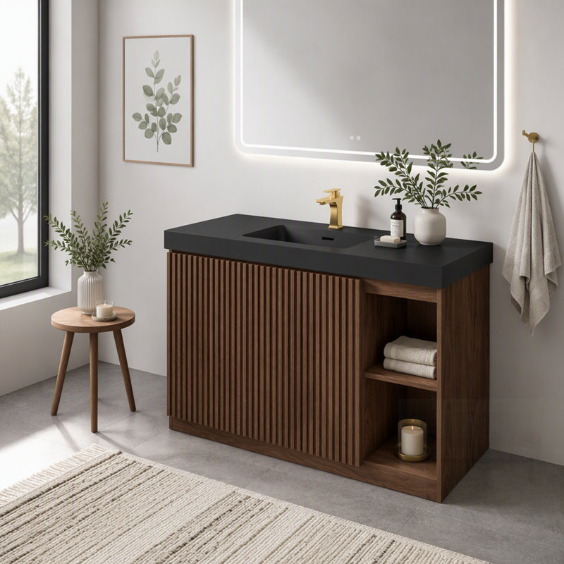 Meuble-lavabo de salle de bain avec lavabo, grand meuble-lavabo autoportant pour salle de bain moderne, lavabo une pièce noir sans bonde ni robinet