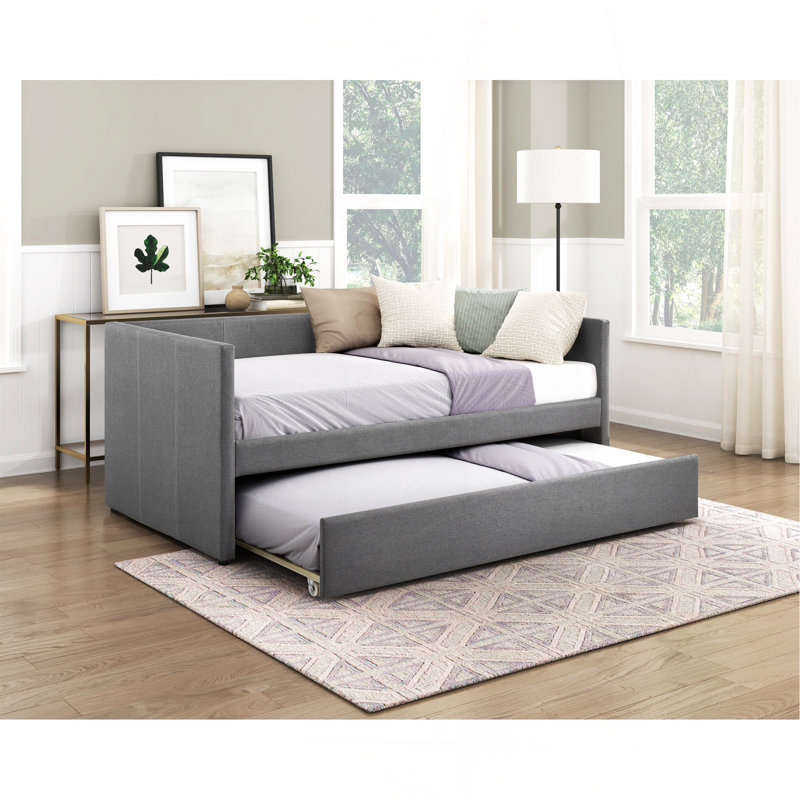 1Pc Daybed With Trundle Dark Gray Fabric Upholstery Wooden Frame Modern Home Furniture, Dark Gray