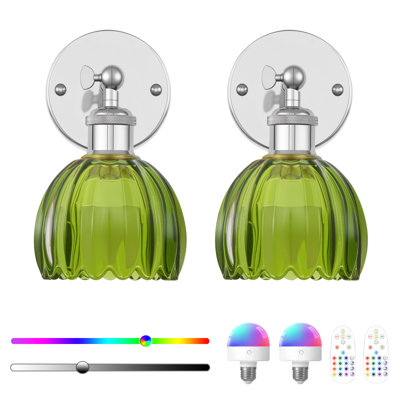 Battery Operated Wall Sconces With Remote Control With Green Tulip Glass Lampshad  (Set Of 2)
