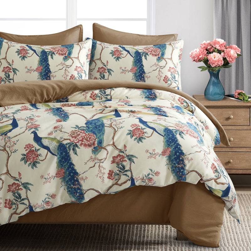 Majestic Peacock Bird Floral Cotton Duvet Cover Set