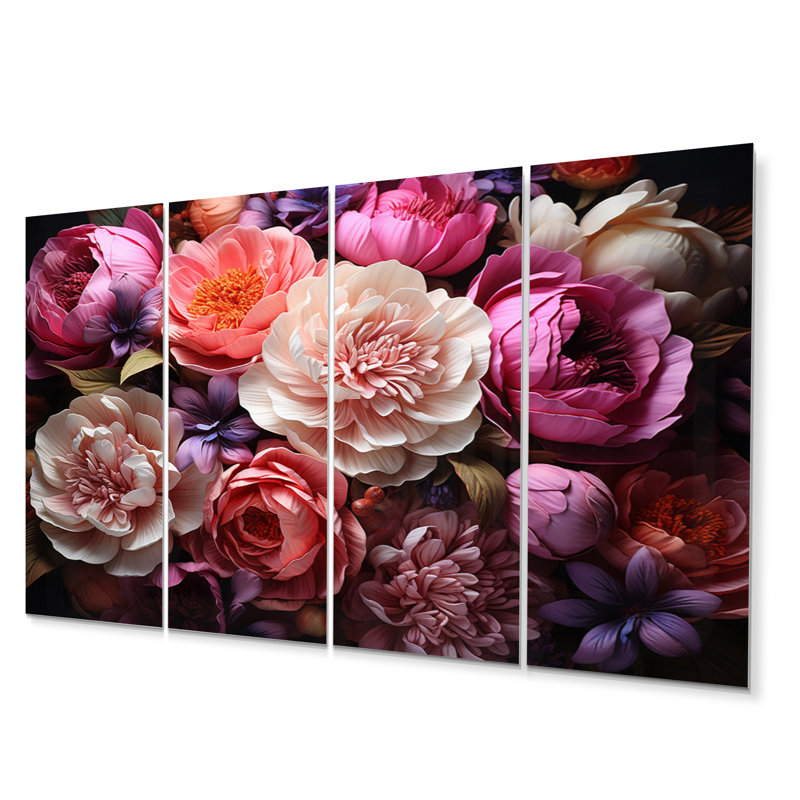 Pivoines asiatiques en rose IV - Décoration murale asiatique - 4 panneaux, Metal