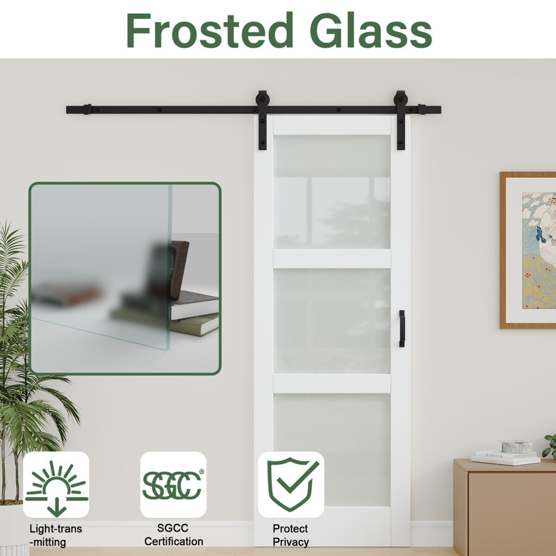  Double 84''H Frosted Glass Sliding Barn Door MDF Solid Wood Interior Closet Doors with Installation Hardware Kit, 42" x 84"