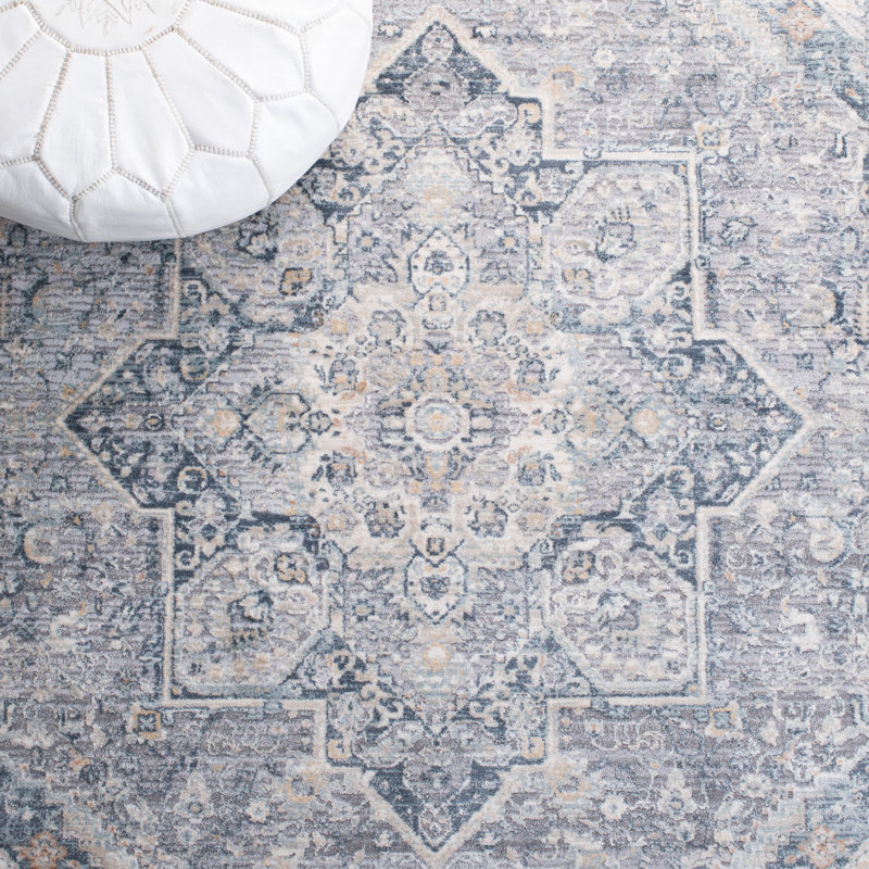 Tapis oriental tissé à la machine Ceria - crème / bleu, Rectangle 6 pi x 9 pi