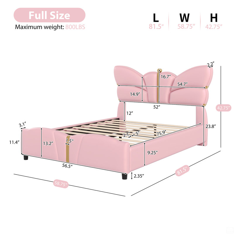 Full Size Upholstered PU Leather Bed Frame, No Box Spring Needed, Pink