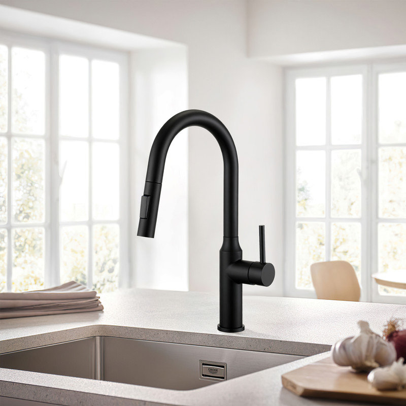 Robinet de cuisine escamotable à poignée simple Lily High Arc, ligne d'alimentation incluse, noir mat, Matte Black