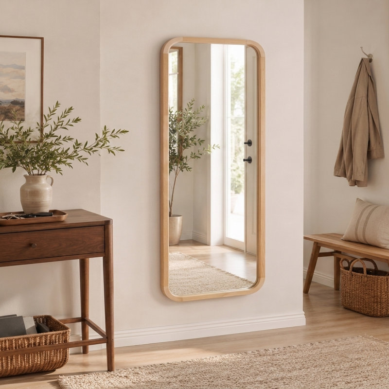 Miroir arqué pleine longueur avec support, conception murale ou inclinée, Naturel