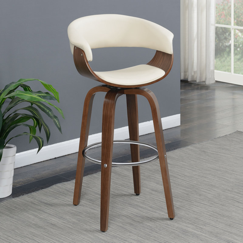 Ecru Faux Leather Walnut Swivel Bar Stool with Chrome Footrest