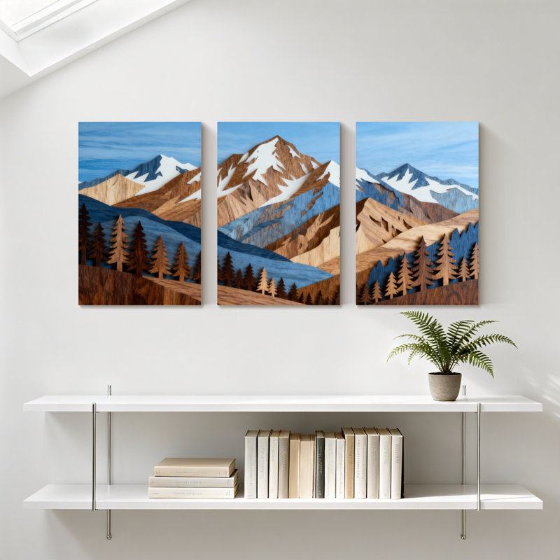 Paysage et paysage de montagne avec 3 sommets enneigés et pins, ensemble de 3 impressions sur toile, H 30 po x l 60 po