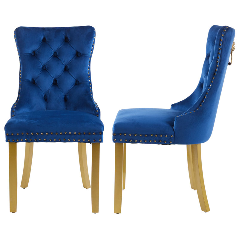 Traditional Velvet Wingback Tufted Solid Wood Upholstered Dining Chairs With Lion Head Pull Ring, Blue