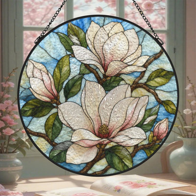 Attrape-soleil rond en vitrail (30 x 30 cm) - Arbre de vie avec chaîne en métal, pour décoration murale et de jardin. Idée cadeau originale pour une pendaison de crémaillère ou la fête des mères. Convient à une utilisation intérieure et extérieure.