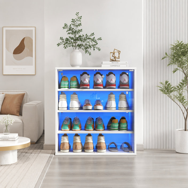 Boîte à chaussures avec lumière DEL RVB, rangement pour chaussures empilable en bois avec porte en verre