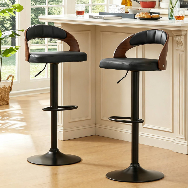  George Set of 2 Adjustable Height Bar Stools Mid-Century Modern Faux Leather Wood Chair 360° Swivel, Industrial Pedestal Base, for Kitchen, Counter, Home Bar