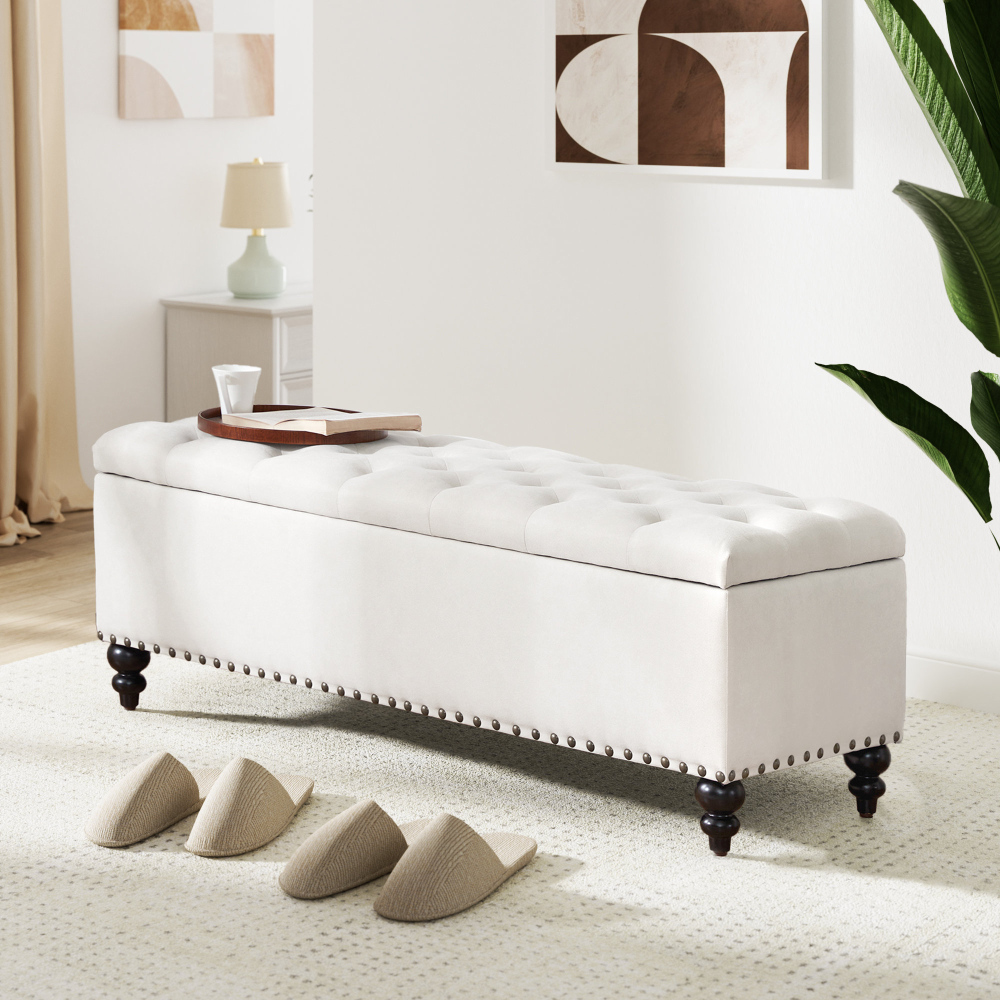 Ashtin 50.4 Wide Tufted Rectangle Storage Ottoman Lark Manor Body Fabric Cream Polyester