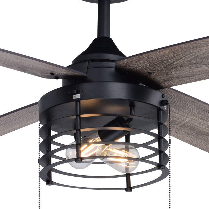 Roehit 52 in. Black Indoor Rod Mount Industrial Ceiling Fan with Reversible Driftwood-Black Walnut Blades, LED Light Kit and Pull Chain Included, 3 Speeds, Wire Cage Drum Shade