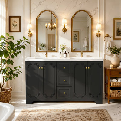 Meuble de salle de bain noir sculpté de style français, grand espace de rangement - 4 portes à fermeture en douceur et 3 tiroirs
