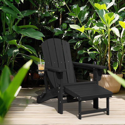 HDPE Foldable Adjustable Outdoor Adirondack Chair With Ottoman and Double Cup Holder by Highland Dunes