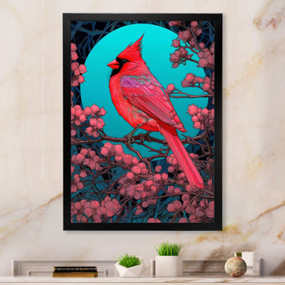 " Red Cardinal Bird Under Full Moon "