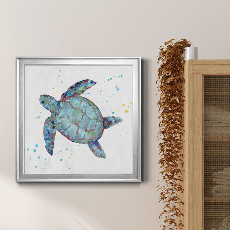 Bulle bleue tortue II - peinture sur toile encadrée, H 22,5 po x l 22,5 po x P 1,5 po, Cadre argenté