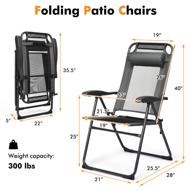 2 Pieces Patio Adjustable Folding Recliner Chairs With 7 Level Adjustable Backrest