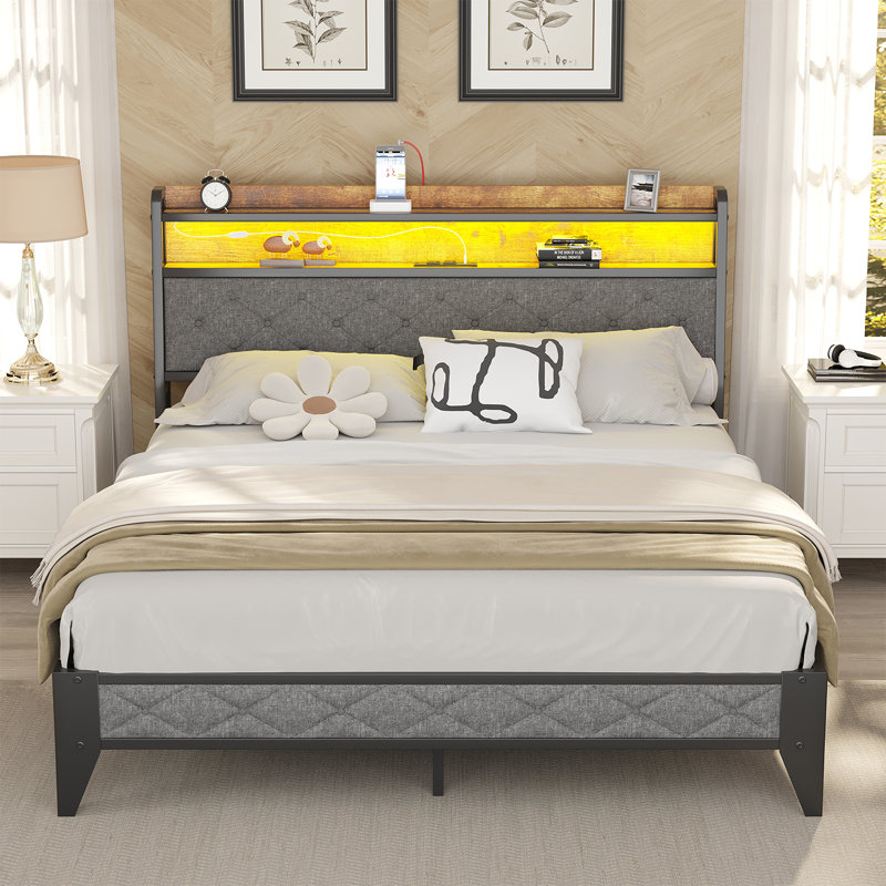 Nevio Bed Frame with Storage Headboard & Charging Station,Platform Metal Bed Frame with RGB Lights, Queen
