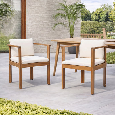 Outdoor Dining Chair Set of 2 with Curved Acacia Wood Arms, Teak Finish and Cream Cushions