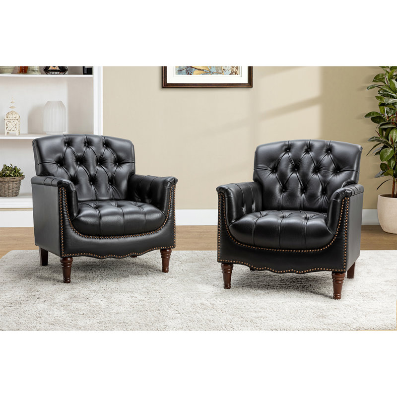 Annja 32" W Tufted Genuine Leather Armchair, Black