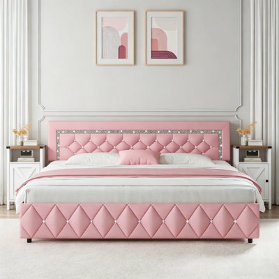 Alber Faux Leather Diamond Tufted Platform Bed with Headboard & 2 Rustic Farmhouse Nightstands Set, Barn Door End Tables with Storage Shelf
