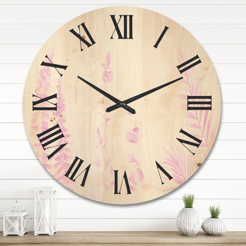 Horloge murale en bois rosé roseucalyptus et branches de palmier, Très grand