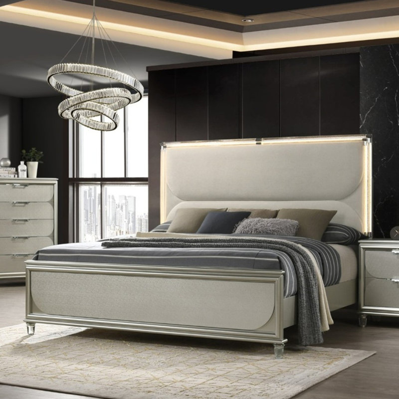 Lit tapissier contemporain en tissu argenté avec cadre de lit 1pc, Grand