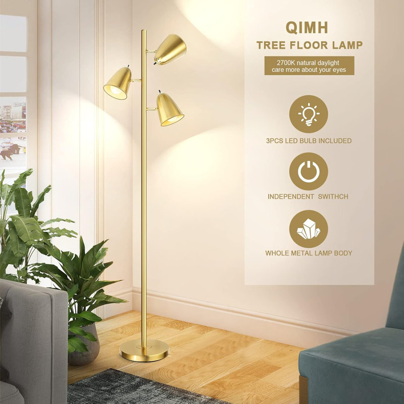 Brushed Gold Adjustable Tree Floor Lamp with Metal Shades