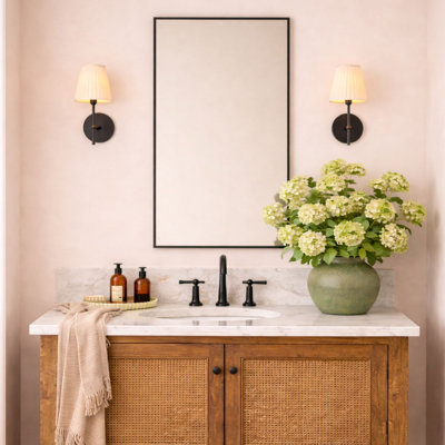 Black Bathroom Vanity Mirror with Squared Corners, 32x24'' Matt Black Rectangle Stainless Steel Metal Framed Mirror for Bathroom