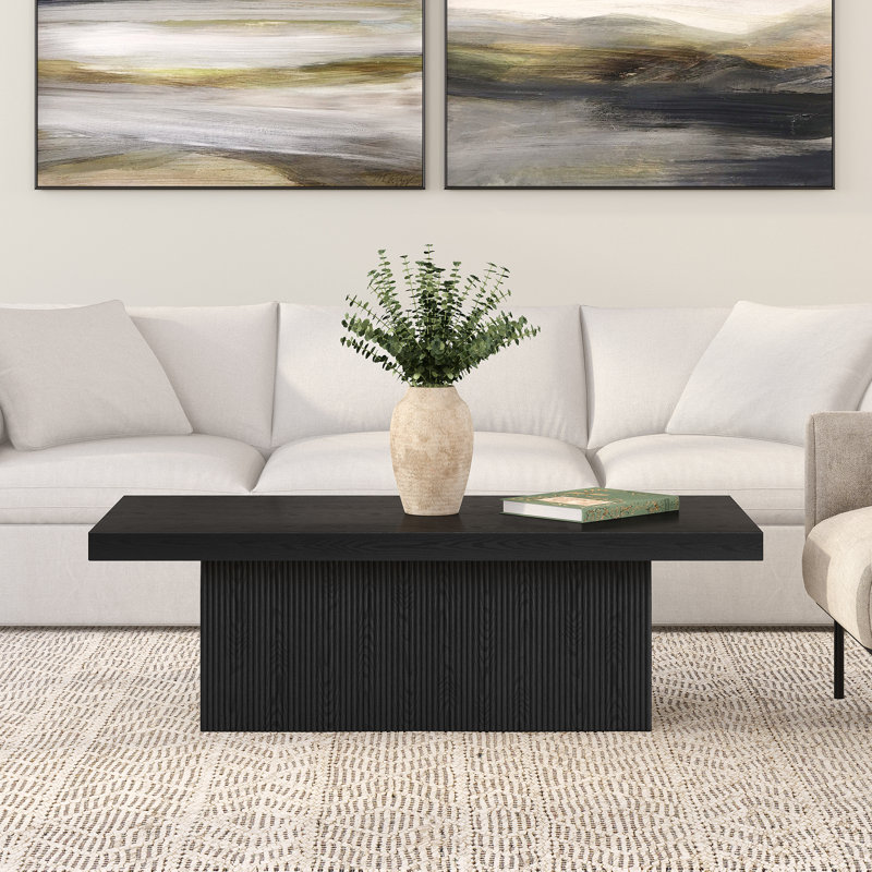 Table basse de 47,5 po de largeur avec piédestal cannelé - Centre de table scandinave en bois aggloméré noir pour le salon | Karyme