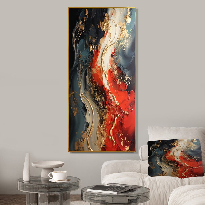 Rouge et or feu de marbre IV - art mural abstrait, Cadre flottant doré, 32" H x 24" W
