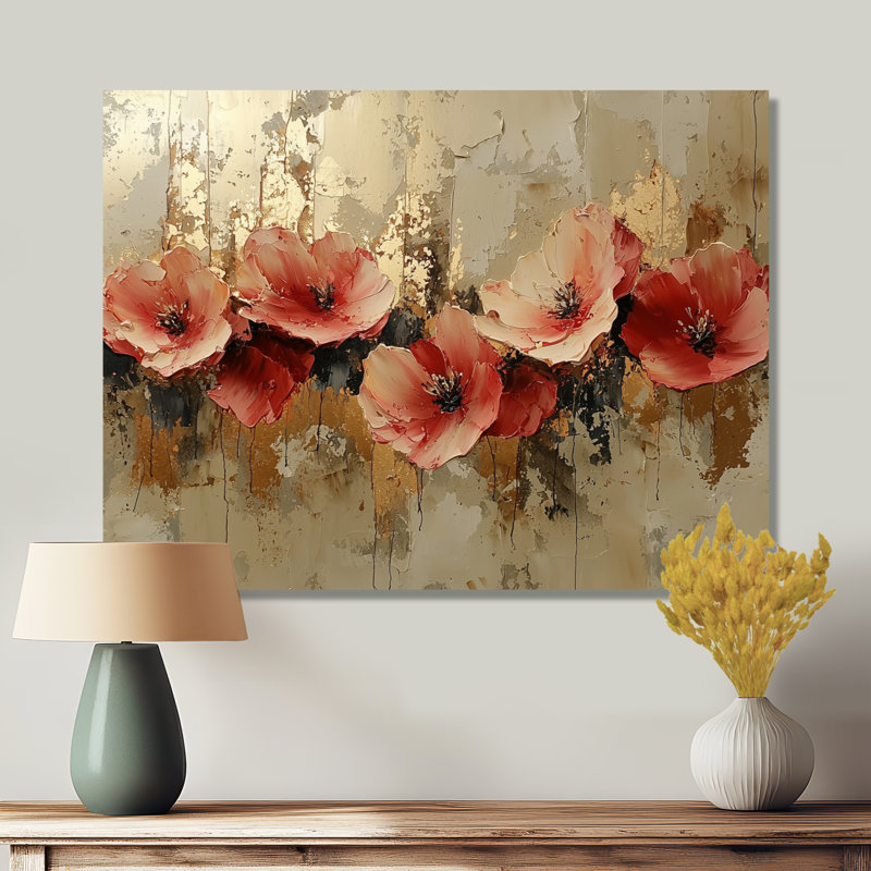 Murin, coquelicots dorés sur une rivière de marbre - coquelicots, art mural, H 12 po x l 20 po, Toile tendue