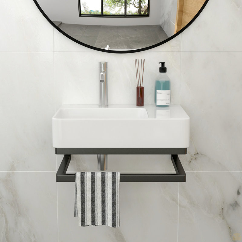 Wall-Mounted Rectangular Ceramic Bathroom Sink With Black Towel Bar & Faucet Hole