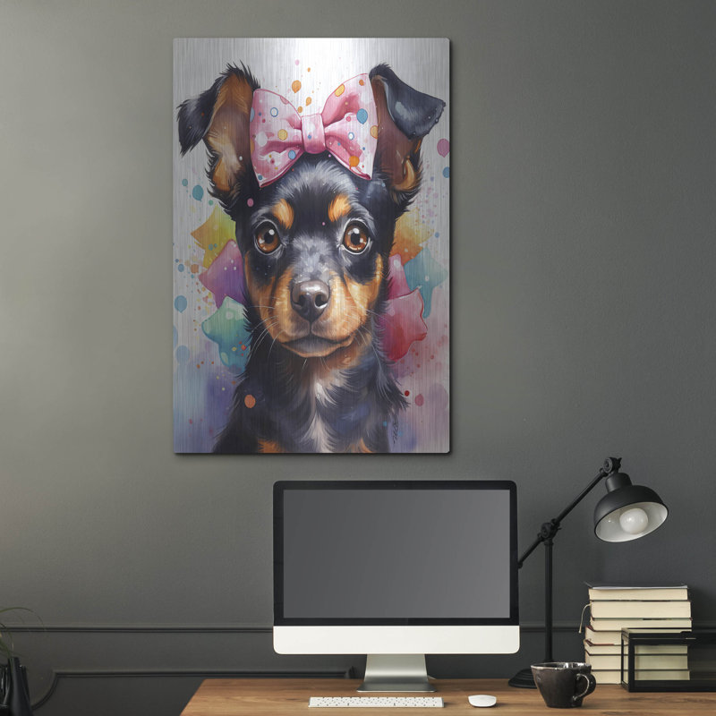 Art mural en métal Trinx «Cute Dog With Pink Watercolor Bow» par Momart, H 36 po x l 24 po