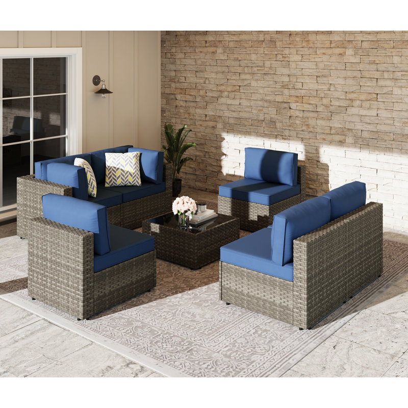  Alivia 6 - Person Outdoor Patio Set Seating Group with Cushions, Navy/Natural