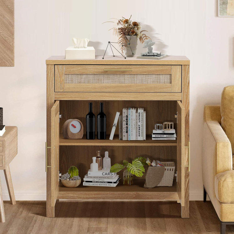Light Brown Wood and Rattan Cabinet with Adjustable Shelf