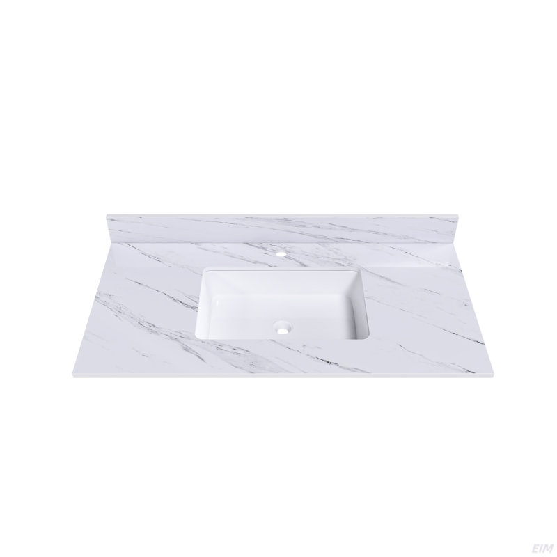 43 Inch Marble Vanity Top, White Vanity Top With 1 Pre-Drilled Faucet Holes, Bathroom Vanity Top With Undermount Rectangular Middle Sink And 4" Height Backsplash,  Bianco Carrara Venato