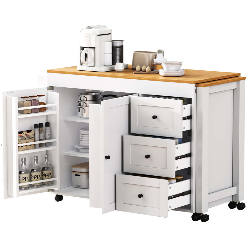 74.8" Kitchen Island With Extendable Dining Table, Kitchen Storage Cart With 3 Drawers, Power Outlet, Rolling Kitchen Island On Wheels With Spice Rack And 2 Door Cabinet, For Kitchen