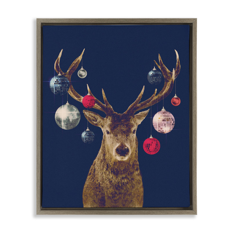 Art mural encadré "Deer & Shining Ornaments" par Victoria Barnes, Cadre flottant orme Montalcino, H 21 po x l 17 po