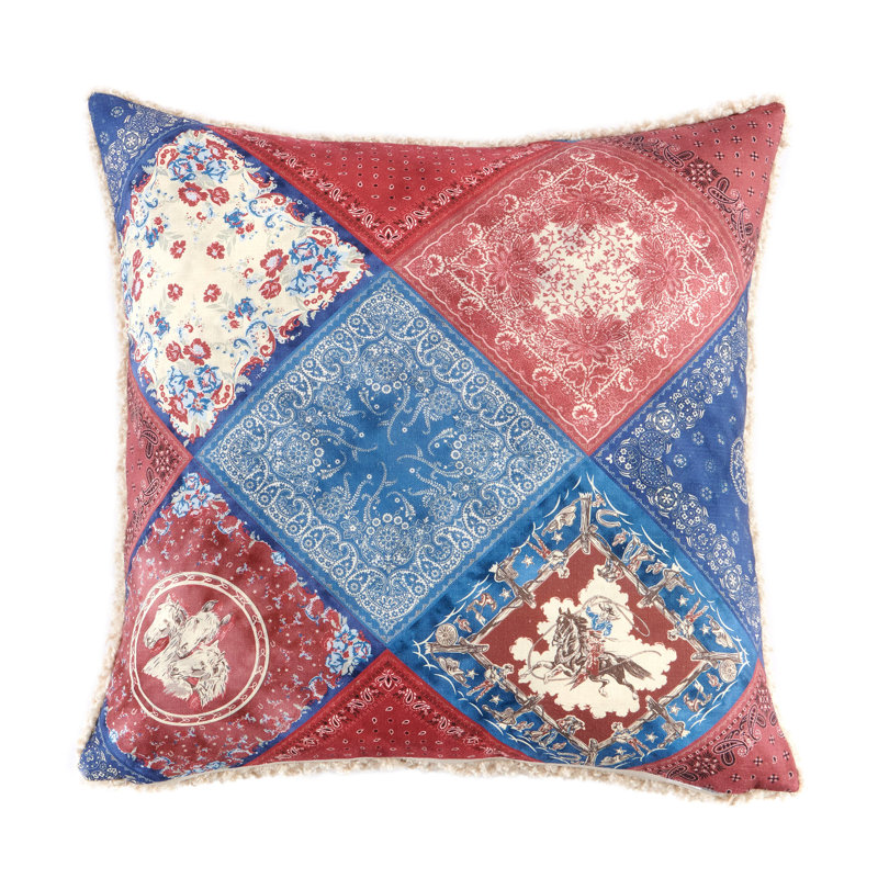 Blue and Red Patchwork Square Plush Throw Pillow