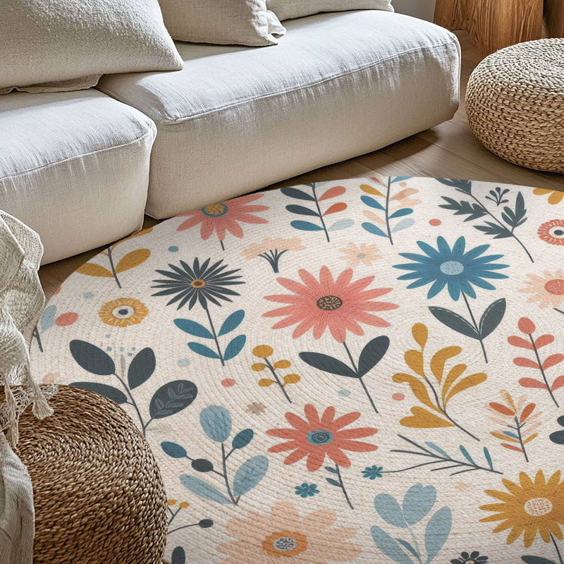 Bright Sunflower Fields Braided Rug, Round 5'