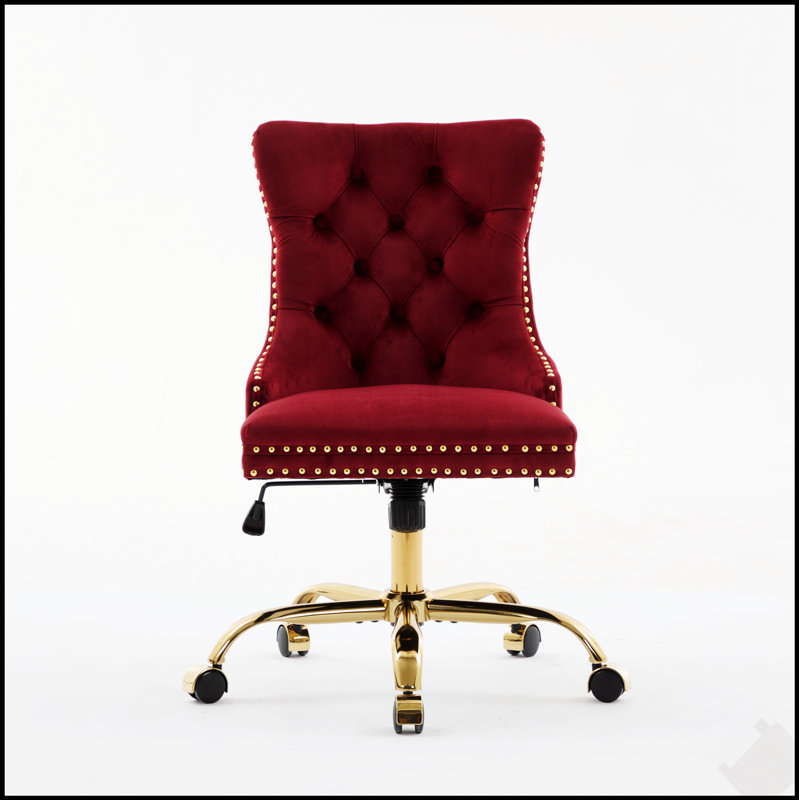 Chaise de bureau moderne rembourrée et capitonnée en velours avec base en métal doré, chaise de bureau pivotante réglable