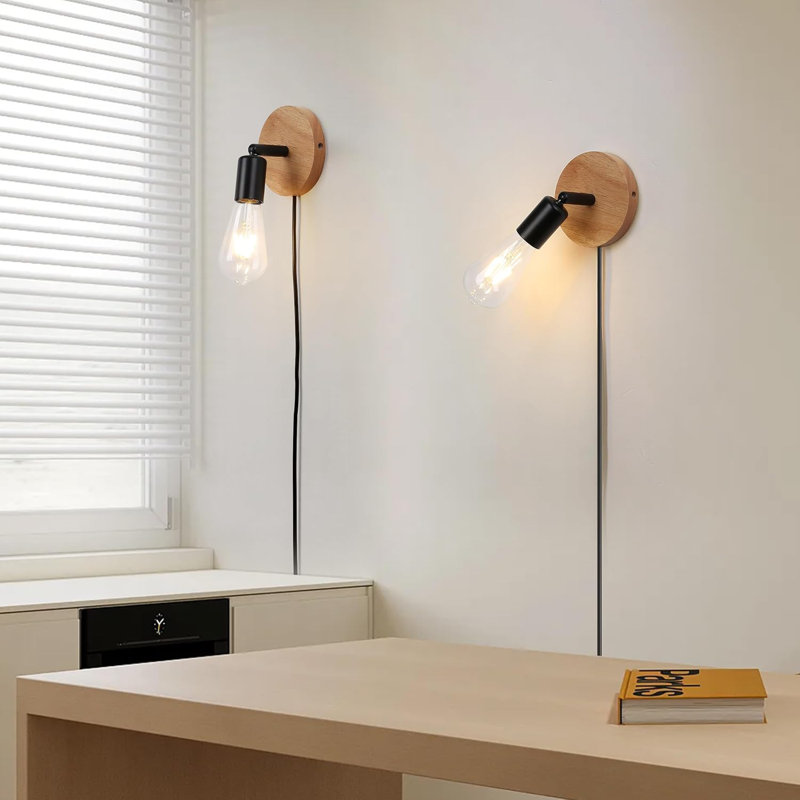 Ensemble de 2 appliques murales de style campagnard avec abat-jour rustique en bois industriel avec abat-jour en métal et lampe de chevet pour chambre