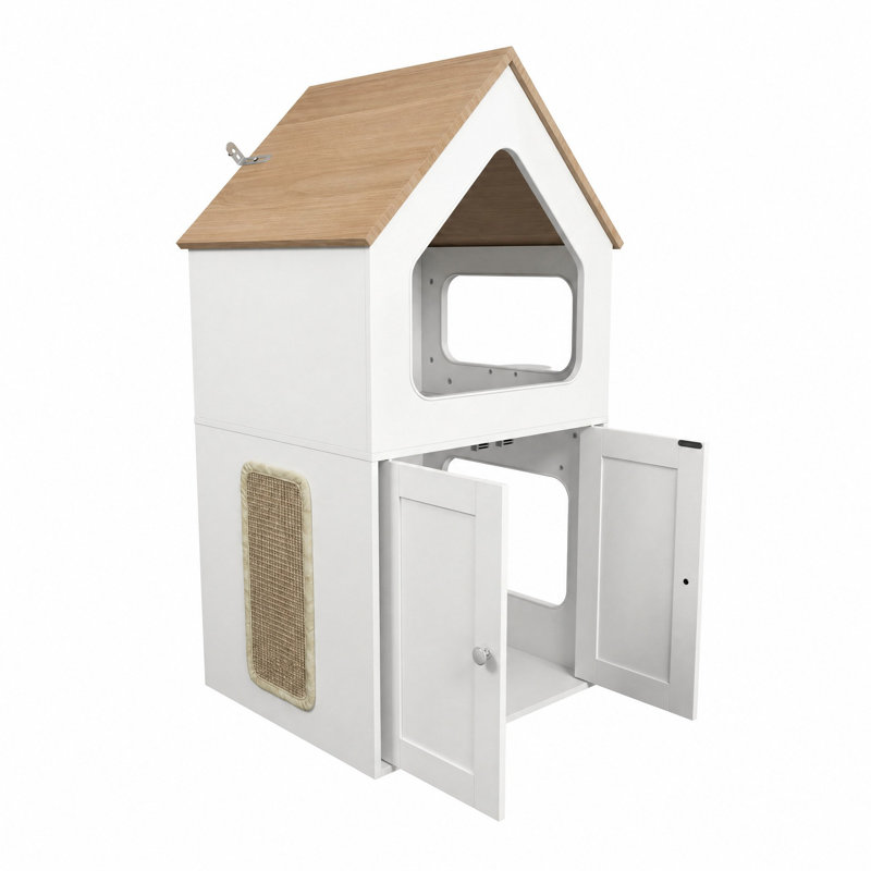 Enceinte de litière en forme de toit avec maisonnette pour chat, patin à griffes et marches latérales, litière cachée en bois avec portes doubles, armoire pour animaux intérieure