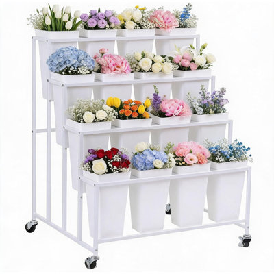 Présentoir à fleurs à 4 niveaux avec 16 seaux détachables et roues verrouillables, tablette mobile pour bouquet de fleurs pour les mariages