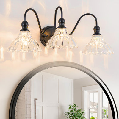 Vintage Bathroom Light Fixtures Over Mirror, 3-Light Black Wall Sconce Lighting with Flower Glass Shade