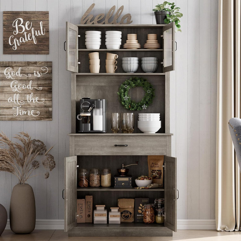 Armoire de cuisine avec support pour micro-ondes 71 pi Armoire de cuisine haute autoportante avec portes et tablettes pour salle à manger gris rustique