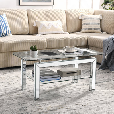 Rectangle Tempered Glass Coffee Table For Livingroom, Tea Table For Waiting Room, Modern Side Coffee Table With Mirrored Stainless Leg, Glass Tabletop With Lower Shelf,20"D X 40"W X 18"H,Silver